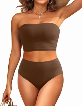 Tempt Me Women Bandeau Bikini Set Strapless High Waisted Two Piece Swimsuit Longline Bathing Suits