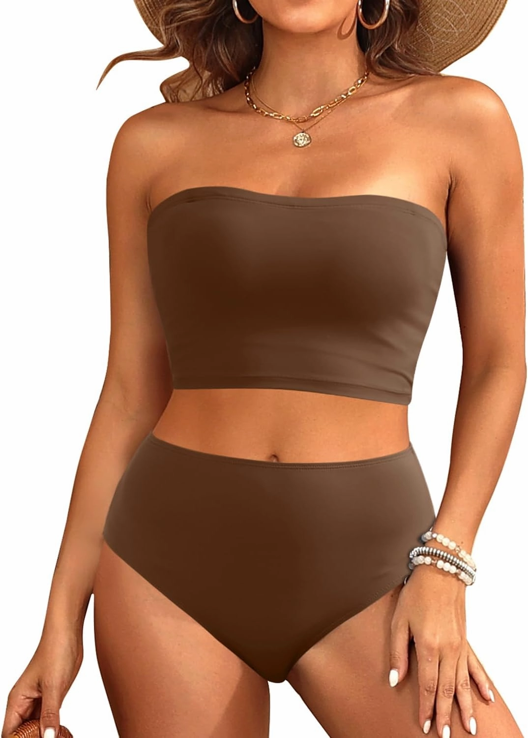 Tempt Me Women Bandeau Bikini Set Strapless High Waisted Two Piece Swimsuit Longline Bathing Suits