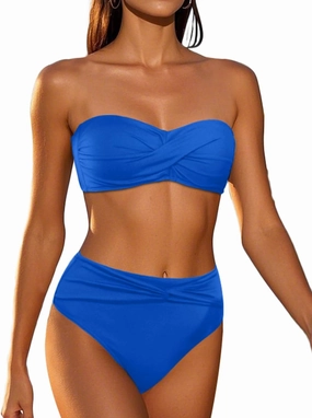 Tempt Me Women Bandeau Bikini Set Twist Strapless Two Piece Swimsuit High Cut High Waisted Bathing Suits