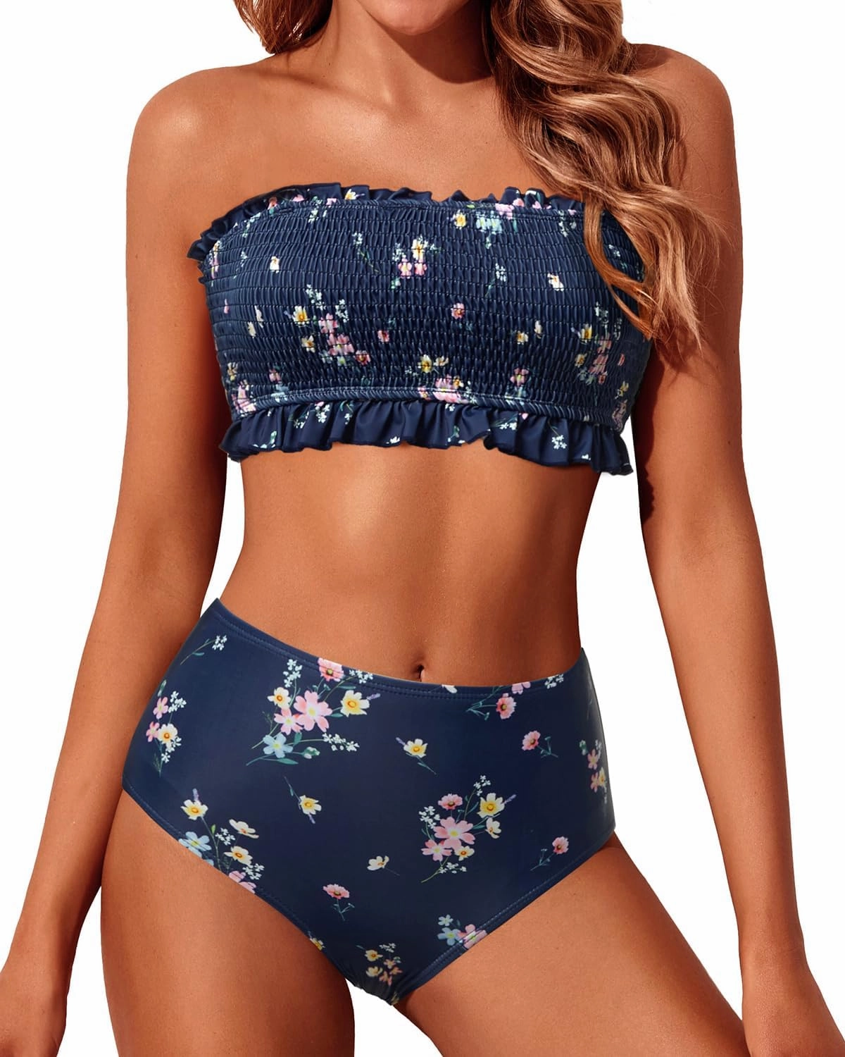 Tempt Me Women Bandeau High Waisted Bikini Sets Smocked Swimsuit Strapless Two Piece Bathing Suit