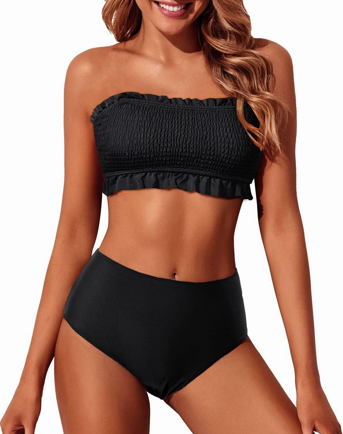 Tempt Me Women Bandeau High Waisted Bikini Sets Smocked Swimsuit Strapless Two Piece Bathing Suit