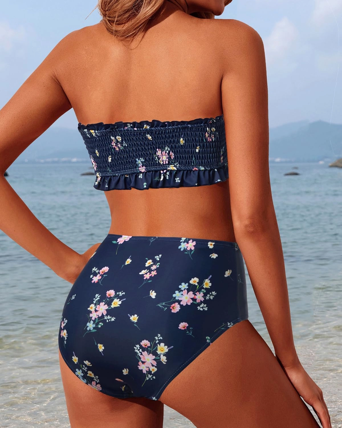 Tempt Me Women Bandeau High Waisted Bikini Sets Smocked Swimsuit Strapless Two Piece Bathing Suit