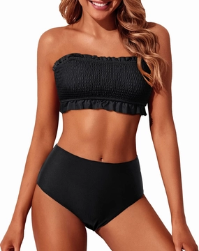 Tempt Me Women Bandeau High Waisted Bikini Sets Smocked Swimsuit Strapless Two Piece Bathing Suit