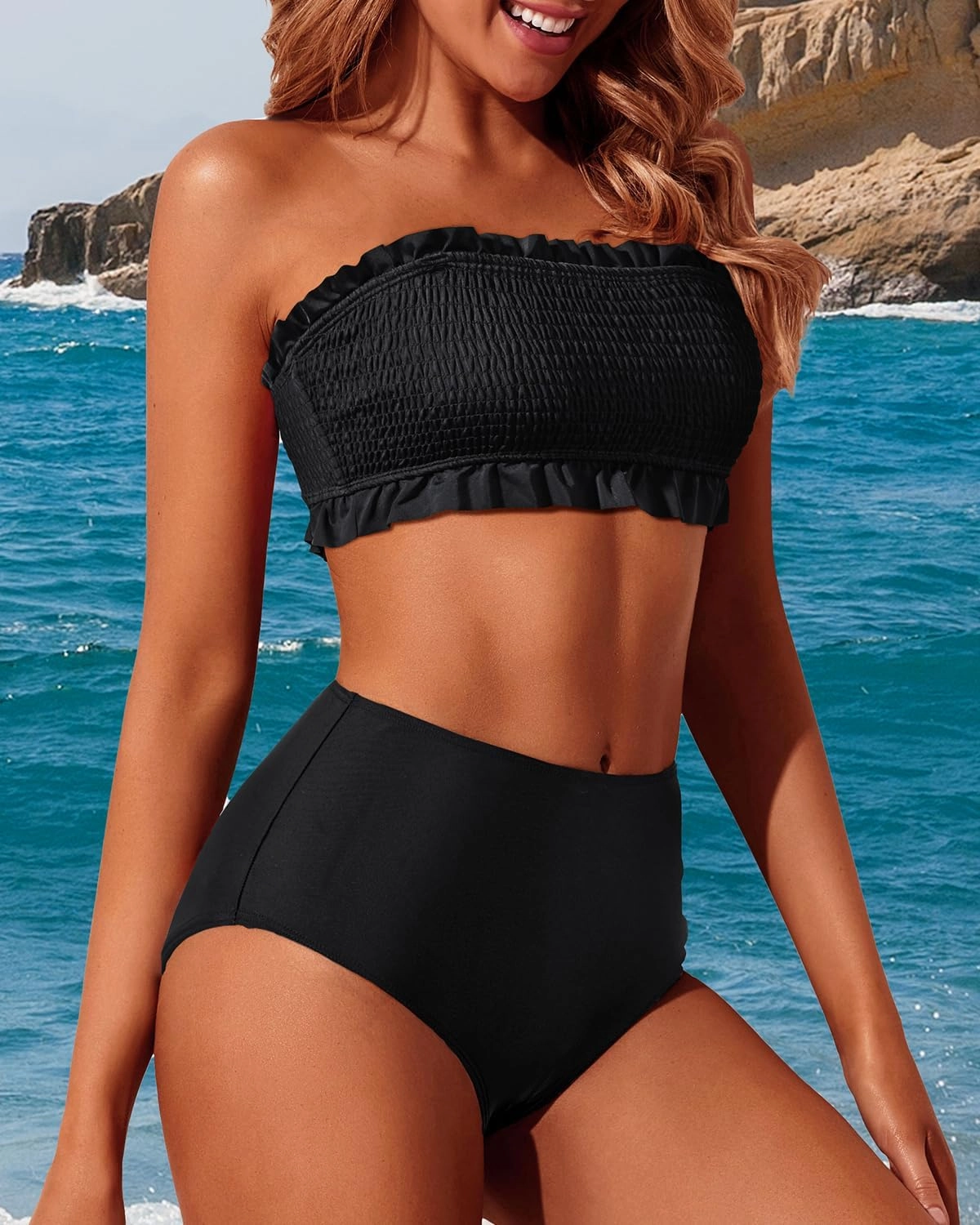 Tempt Me Women Bandeau High Waisted Bikini Sets Smocked Swimsuit Strapless Two Piece Bathing Suit