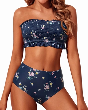 Tempt Me Women Bandeau High Waisted Bikini Sets Smocked Swimsuit Strapless Two Piece Bathing Suit