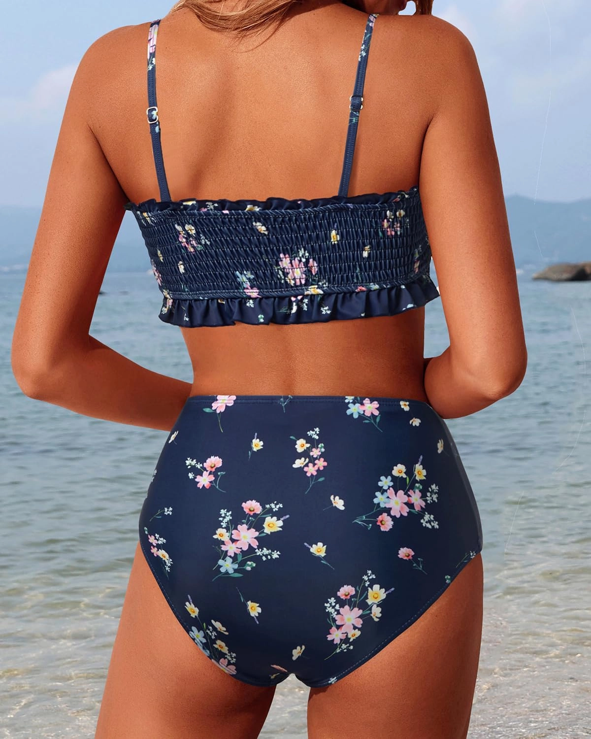 Tempt Me Women Bandeau High Waisted Bikini Sets Smocked Swimsuit Strapless Two Piece Bathing Suit