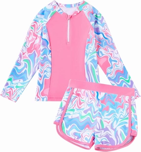 Toddler Girls Long Sleeve Swimsuits Girl Swimwear Little Girls Swimsuits 2 Pieces Toddler Rash Guard Swimsuit Print