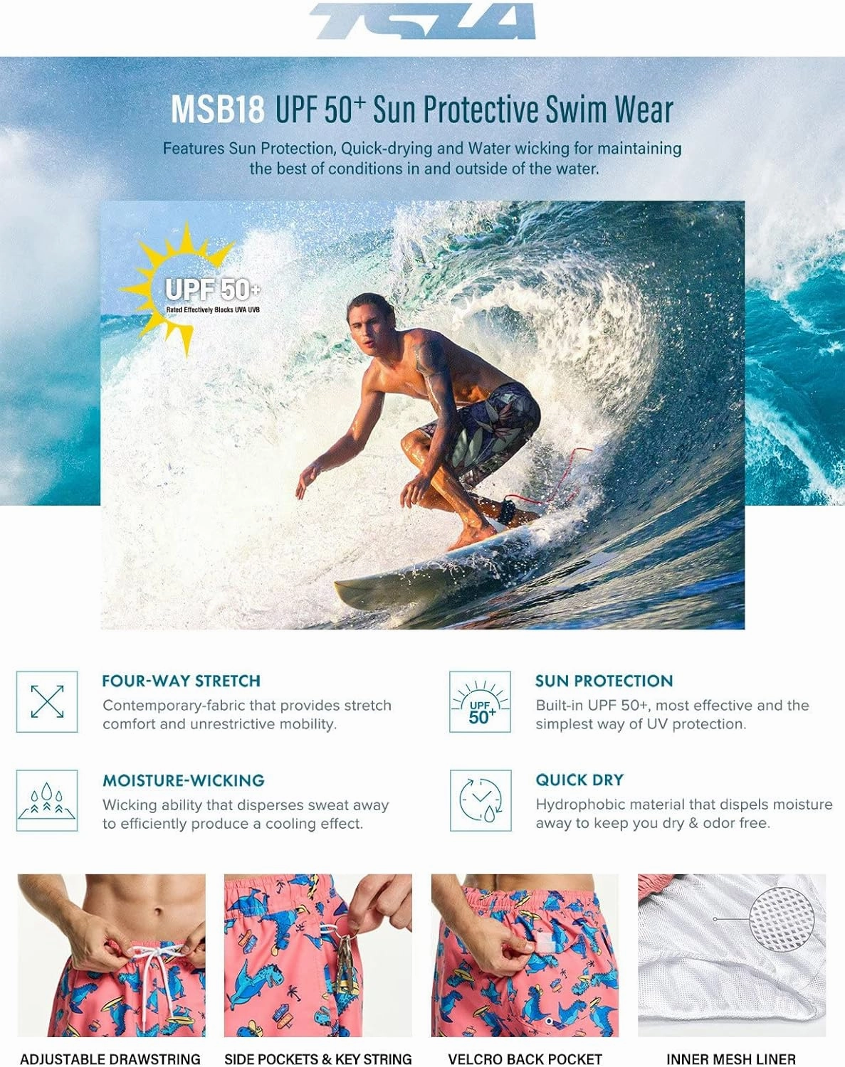 TSLA Men's Swim Trunks, Quick Dry Beach Swimming Board Shorts, Bathing Suits with Inner Mesh Lining and Pockets