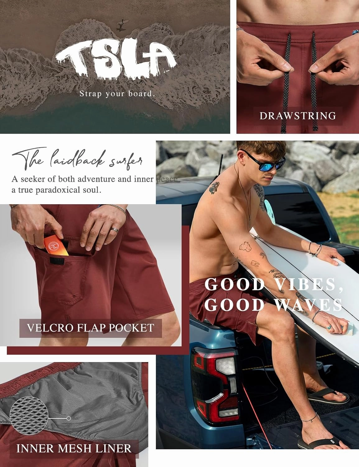 TSLA Men's Swim Trunks, Quick Dry Swimming Beach Board Shorts, Lightweight Swimwear Bathing Suits with Pockets