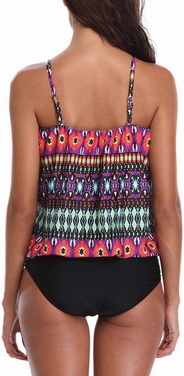 Two Piece Bandeau Tankini Swimsuits for Women Loose Blouson Swim Top with Bikini Bottom Tummy Control Bathing Suits
