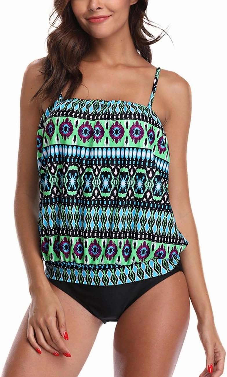 Two Piece Bandeau Tankini Swimsuits for Women Loose Blouson Swim Top with Bikini Bottom Tummy Control Bathing Suits