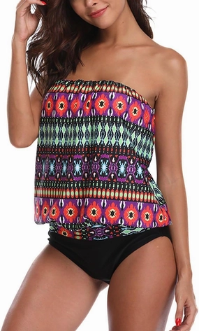 Two Piece Bandeau Tankini Swimsuits for Women Loose Blouson Swim Top with Bikini Bottom Tummy Control Bathing Suits
