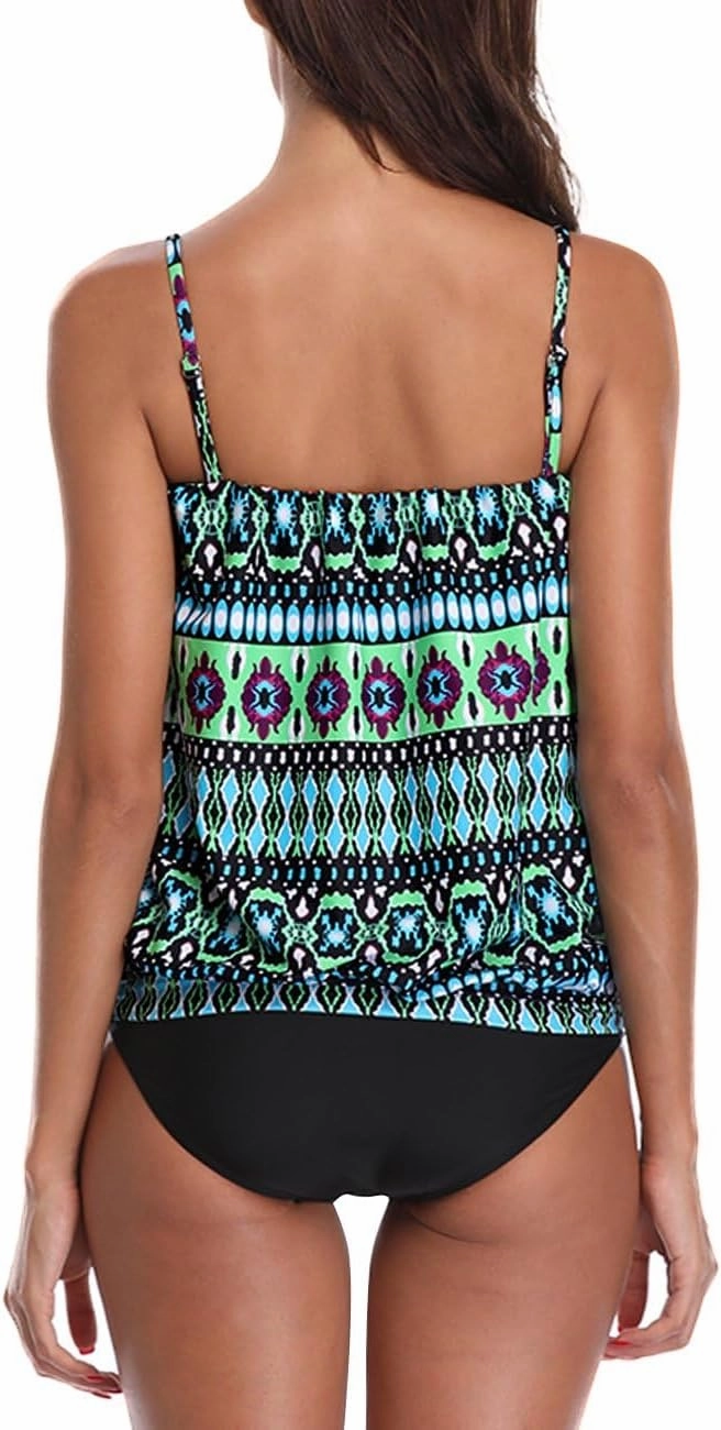 Two Piece Bandeau Tankini Swimsuits for Women Loose Blouson Swim Top with Bikini Bottom Tummy Control Bathing Suits