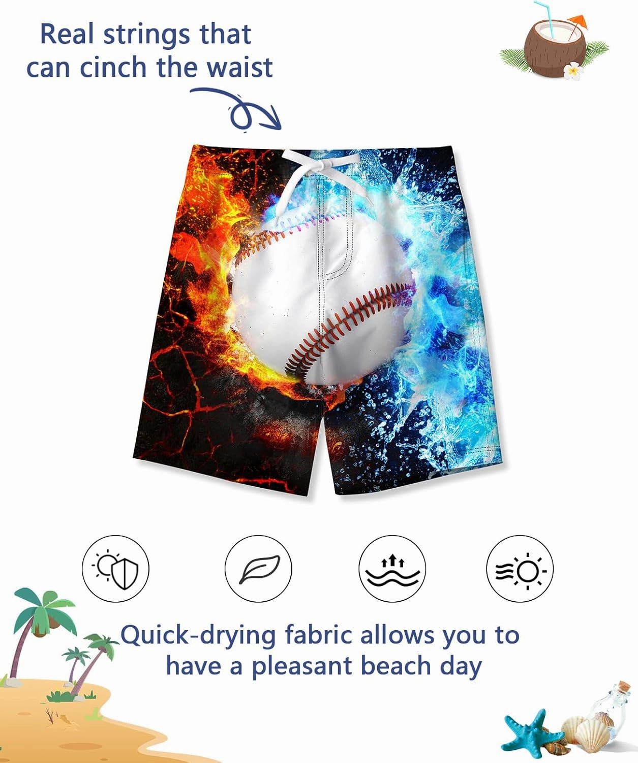 uideazone Boys Teens Swim Trunks Quick Dry Waterproof Surfing Board Shorts Drawstring Elastic Waist with Mesh Lining 5-14T