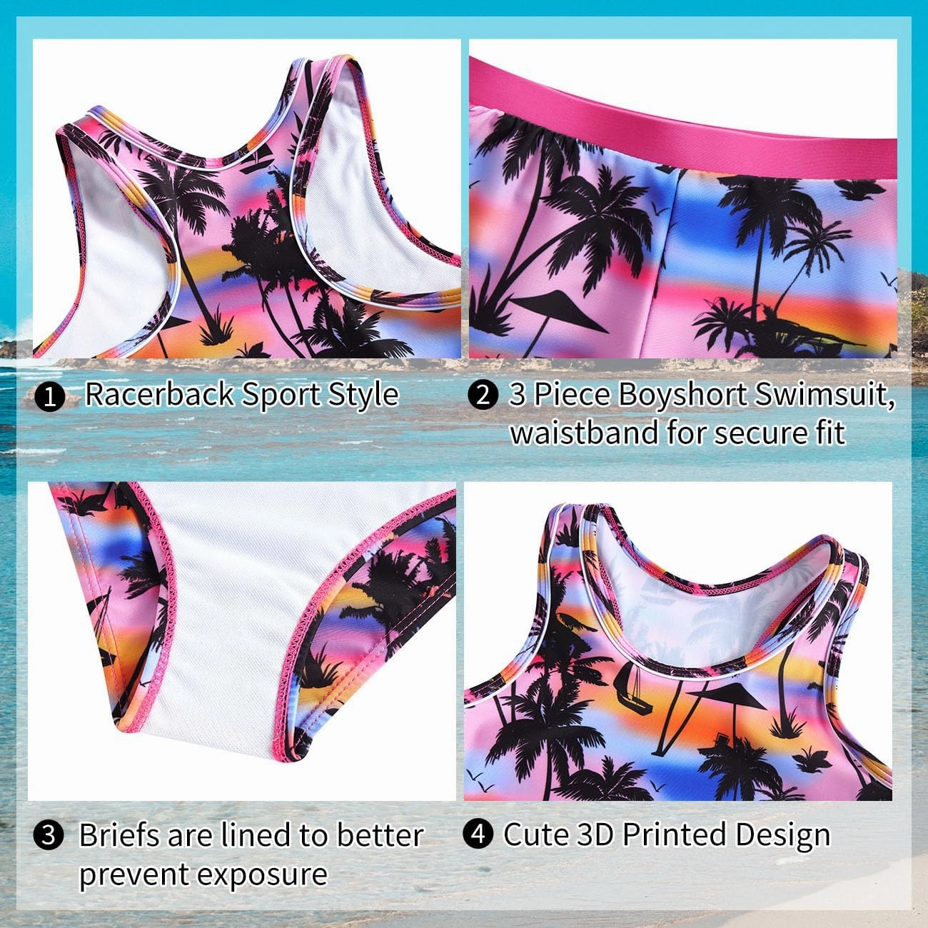 uideazone Girls 3 Piece Bathing Suit Summer UPF 50  Racerback Swimsuit with Shorts Beach Tankini Sets 8-15 Years