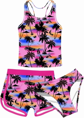 uideazone Girls 3 Piece Bathing Suit Summer UPF 50  Racerback Swimsuit with Shorts Beach Tankini Sets 8-15 Years