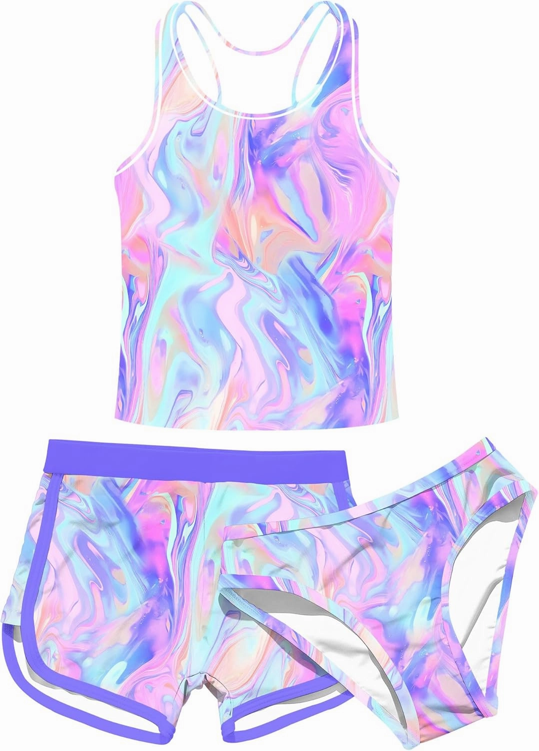 uideazone Girls 3 Piece Bathing Suit Summer UPF 50  Racerback Swimsuit with Shorts Beach Tankini Sets 8-15 Years