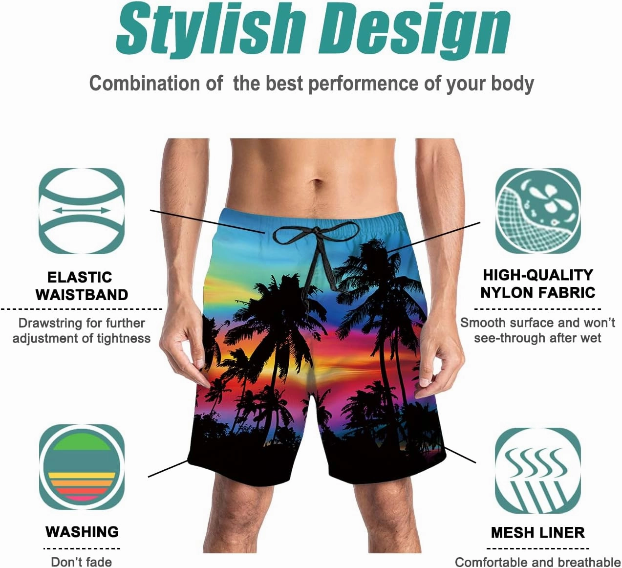 uideazone Men Swim Trunks Drawstring Elastic Waist Quick Dry Beach Shorts with Mesh Lining Swimwear Bathing Suits
