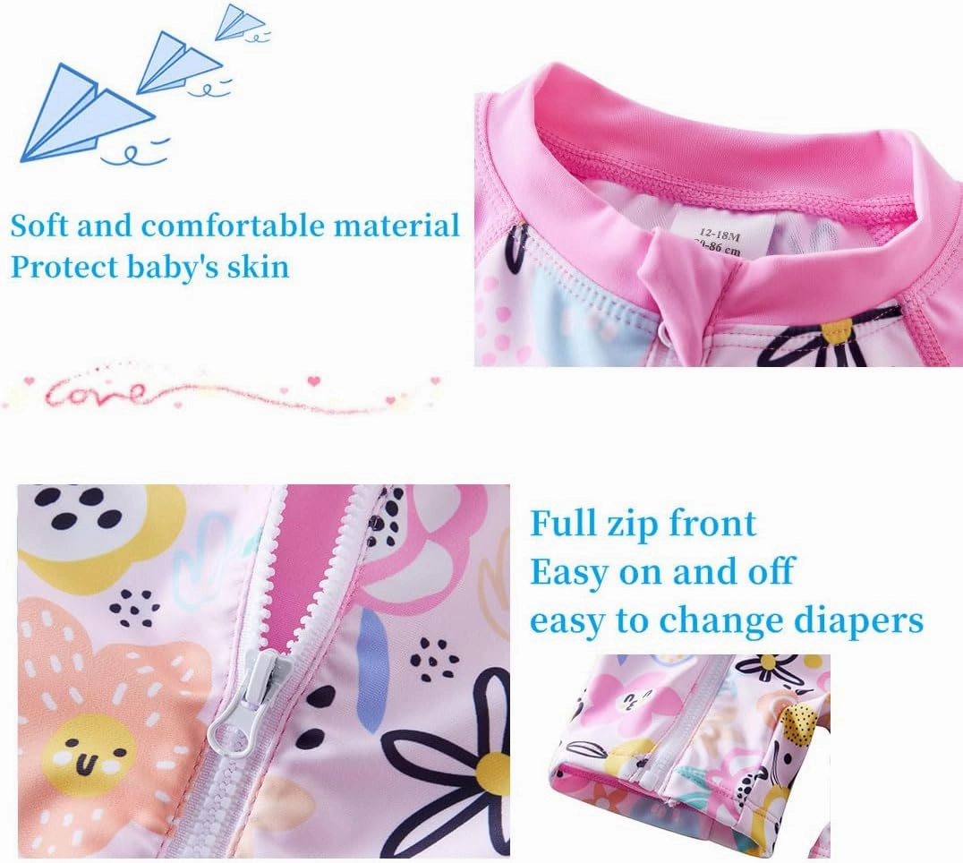 UMELOK Baby Girls' One Piece Swimsuit Full Zip UPF 50  Sun Protection Swimwear Rash Guard Swim Suit