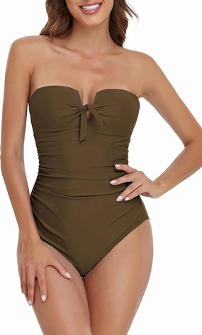 Upopby Women's Bandeau One Piece Swimsuits Tummy Control Bathing Suit for Women Strapless Slimming Push Up Plus Size Swimwear
