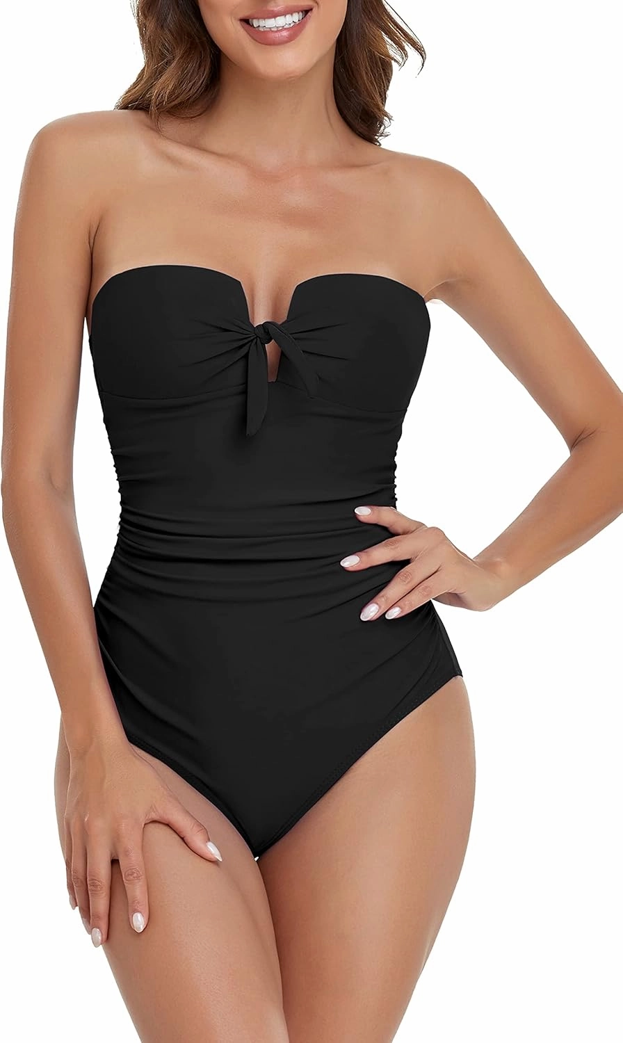 Upopby Women's Bandeau One Piece Swimsuits Tummy Control Bathing Suit for Women Strapless Slimming Push Up Plus Size Swimwear