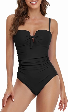 Upopby Women's Bandeau One Piece Swimsuits Tummy Control Bathing Suit for Women Strapless Slimming Push Up Plus Size Swimwear
