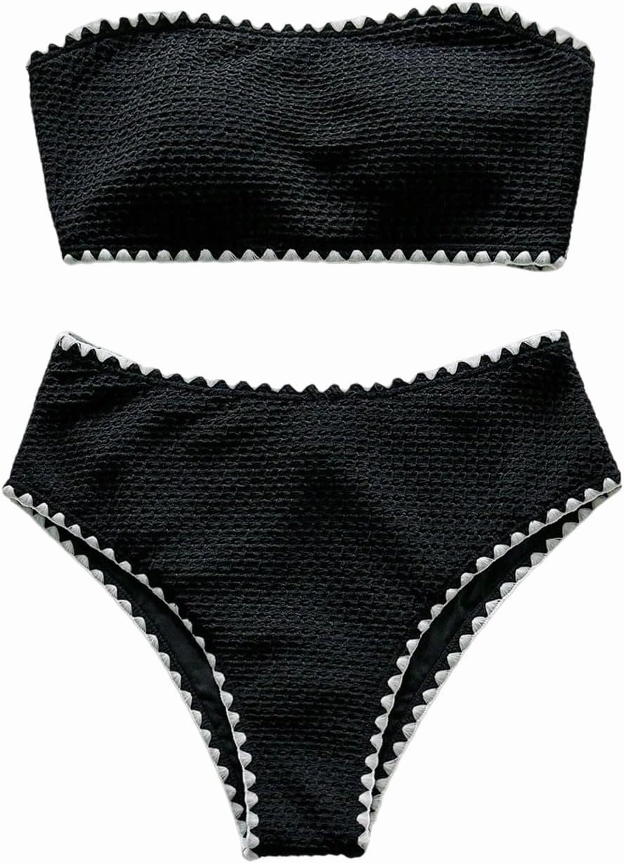 Verdusa Women's 2 Piece Strapless Bikini Sets Contrast Trim Bandeau Swimsuit Bathing Suits