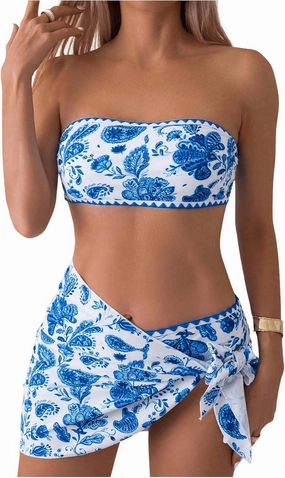Verdusa Women's 3 Piece Floral Strapless Bikini Set Backless Bandeau Swimsuits with Cover Up Skirt
