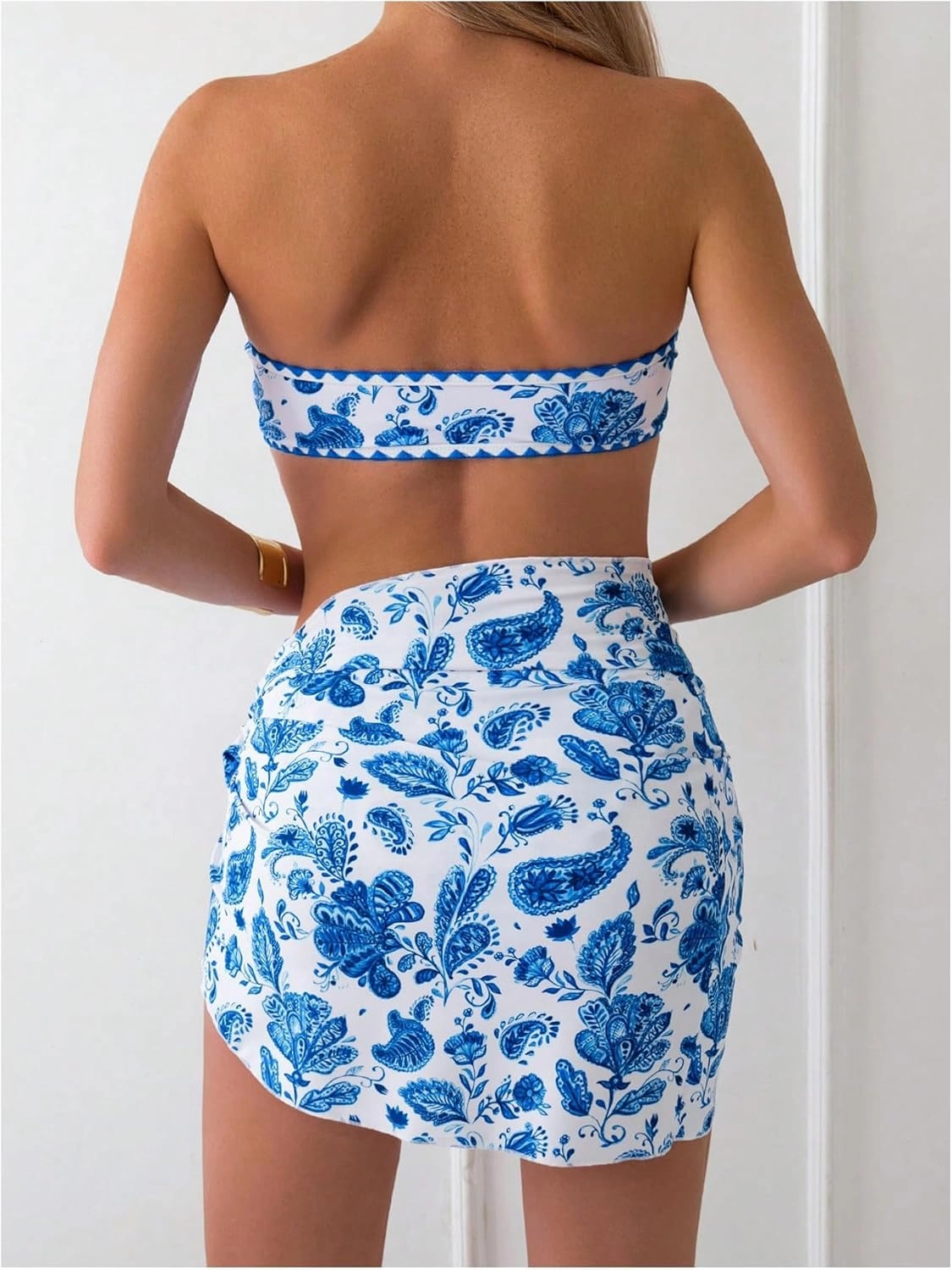 Verdusa Women's 3 Piece Floral Strapless Bikini Set Backless Bandeau Swimsuits with Cover Up Skirt
