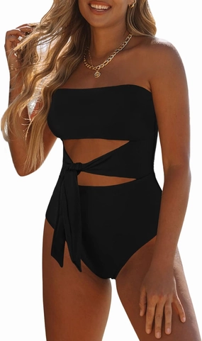 Viottiset Women's Bandeau One Piece Swimsuit Strapless Tie High Cut Out Bathing Suit