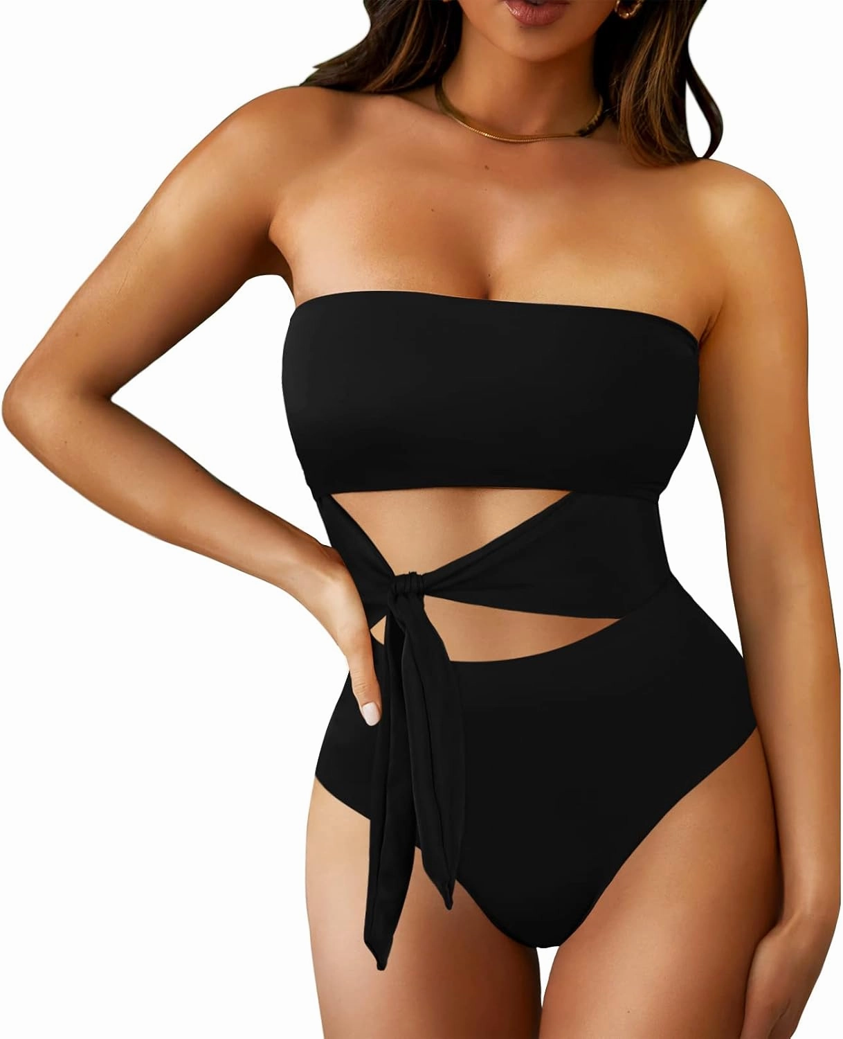 Viottiset Women's Bandeau One Piece Swimsuit Strapless Tie High Cut Out Bathing Suit
