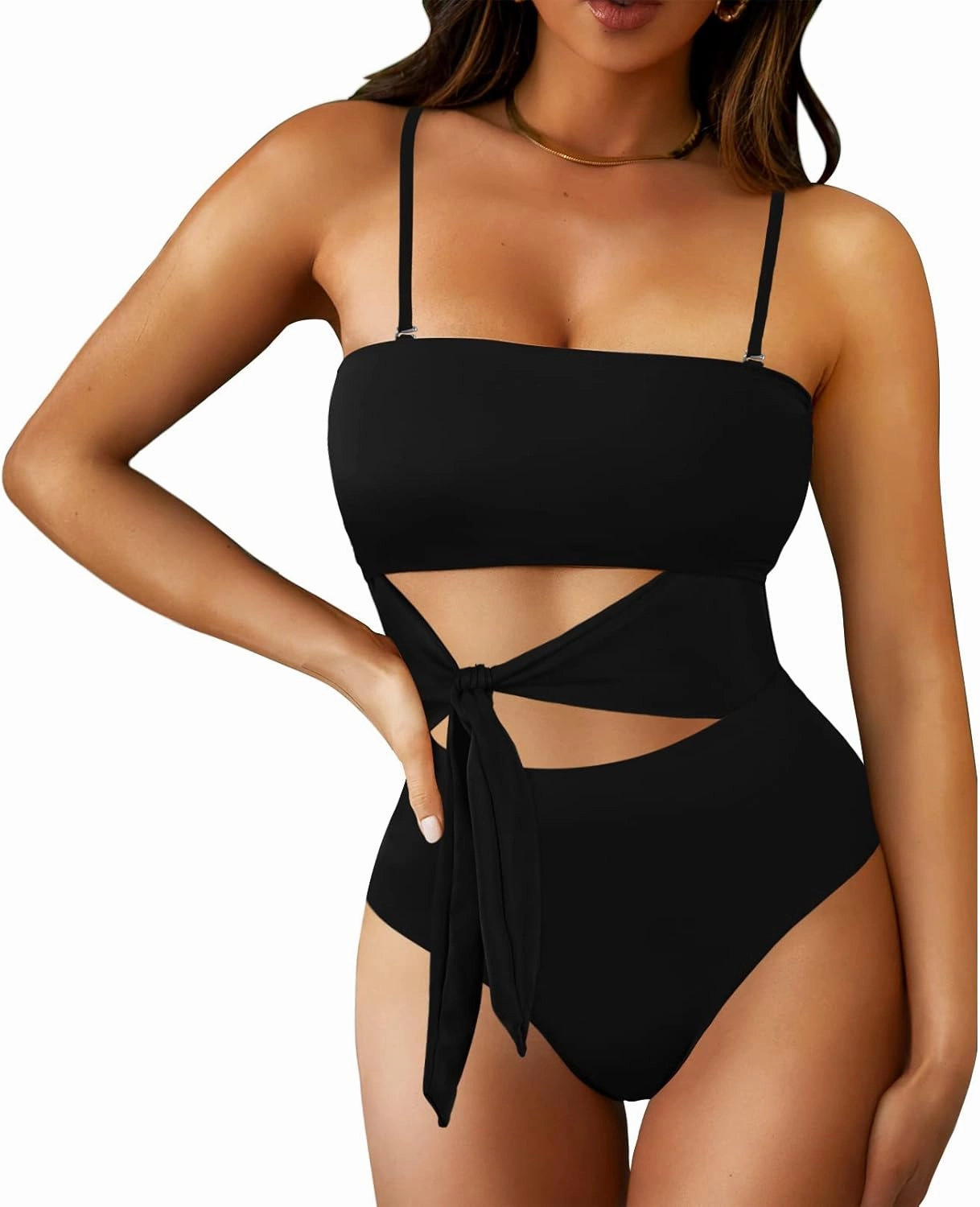 Viottiset Women's Bandeau One Piece Swimsuit Strapless Tie High Cut Out Bathing Suit
