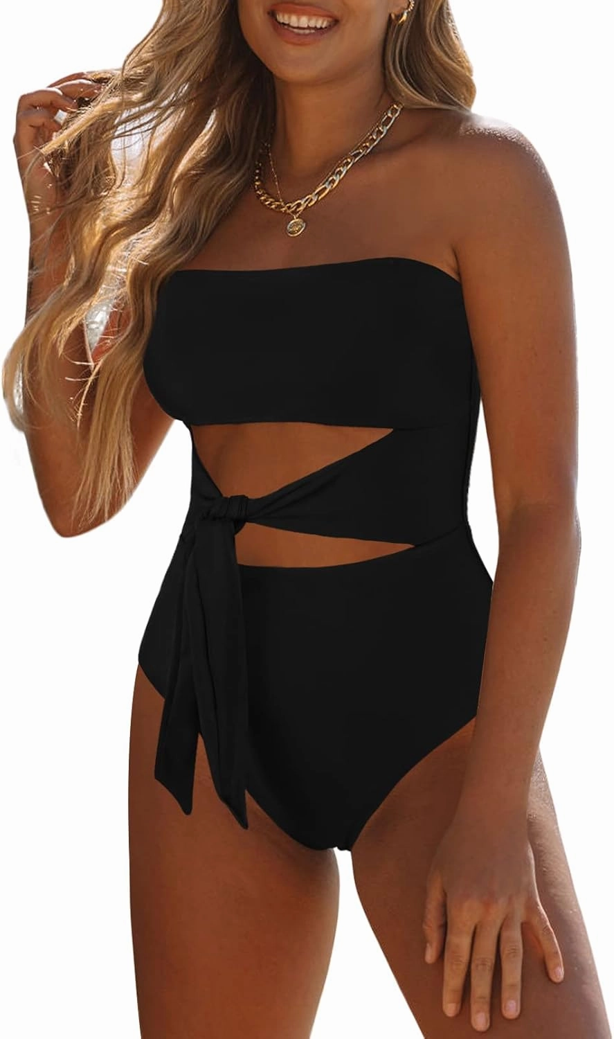 Viottiset Women's Bandeau One Piece Swimsuit Strapless Tie High Cut Out Bathing Suit