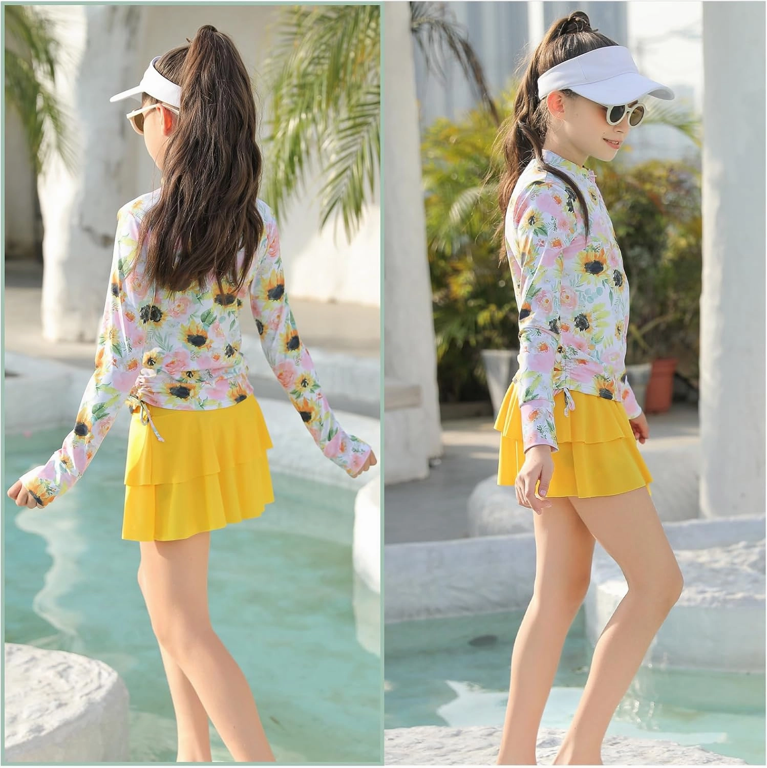 Vogseek 3-12T Girls Rash Guard 2 Pieces Bathing Suit Long Sleeve Swimsuit Swimming Skirt with Shorts Swimwear