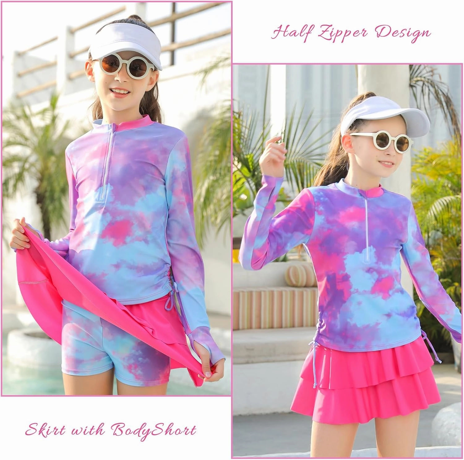 Vogseek 3-12T Girls Rash Guard 2 Pieces Bathing Suit Long Sleeve Swimsuit Swimming Skirt with Shorts Swimwear