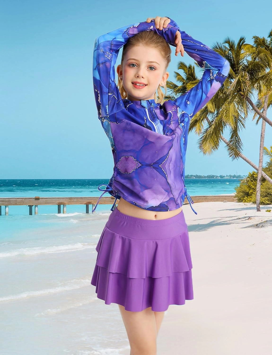 Vogseek 3-12T Girls Rash Guard 2 Pieces Bathing Suit Long Sleeve Swimsuit Swimming Skirt with Shorts Swimwear