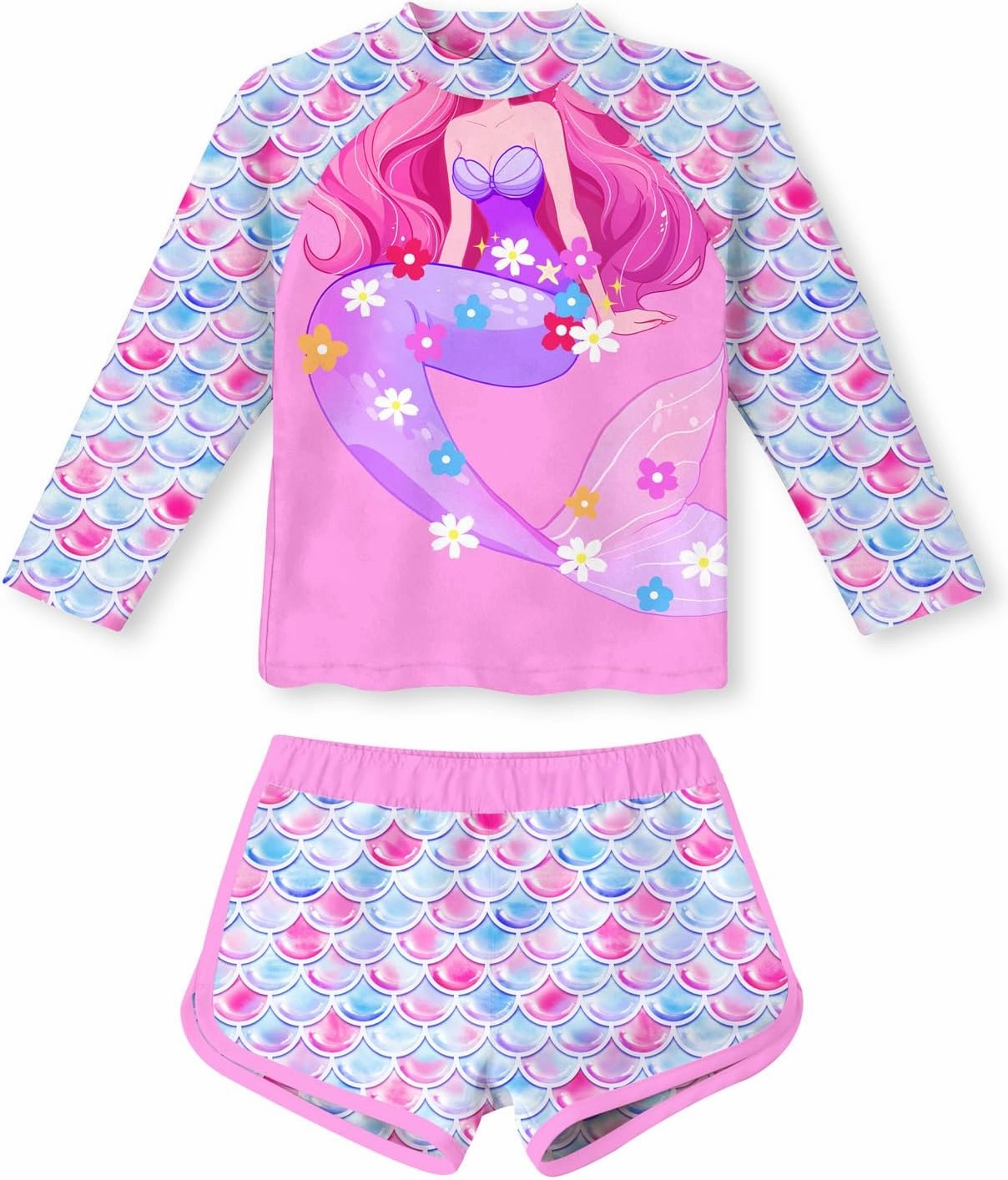 Vogseek 4-10T Girls Rashguard 2 Pieces Long Sleeve Swimsuit Swimwear with Shorts