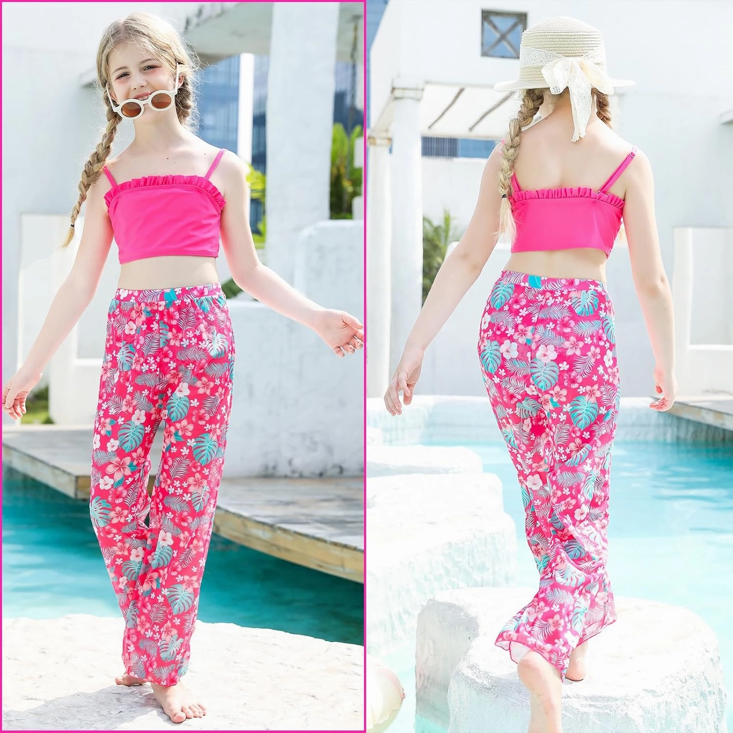 Vogseek 6-12T Girls 3 Pieces Bikini Bathing Suit with Rash Guard Pants Quick Dry Swimwear Cover-Up Sets