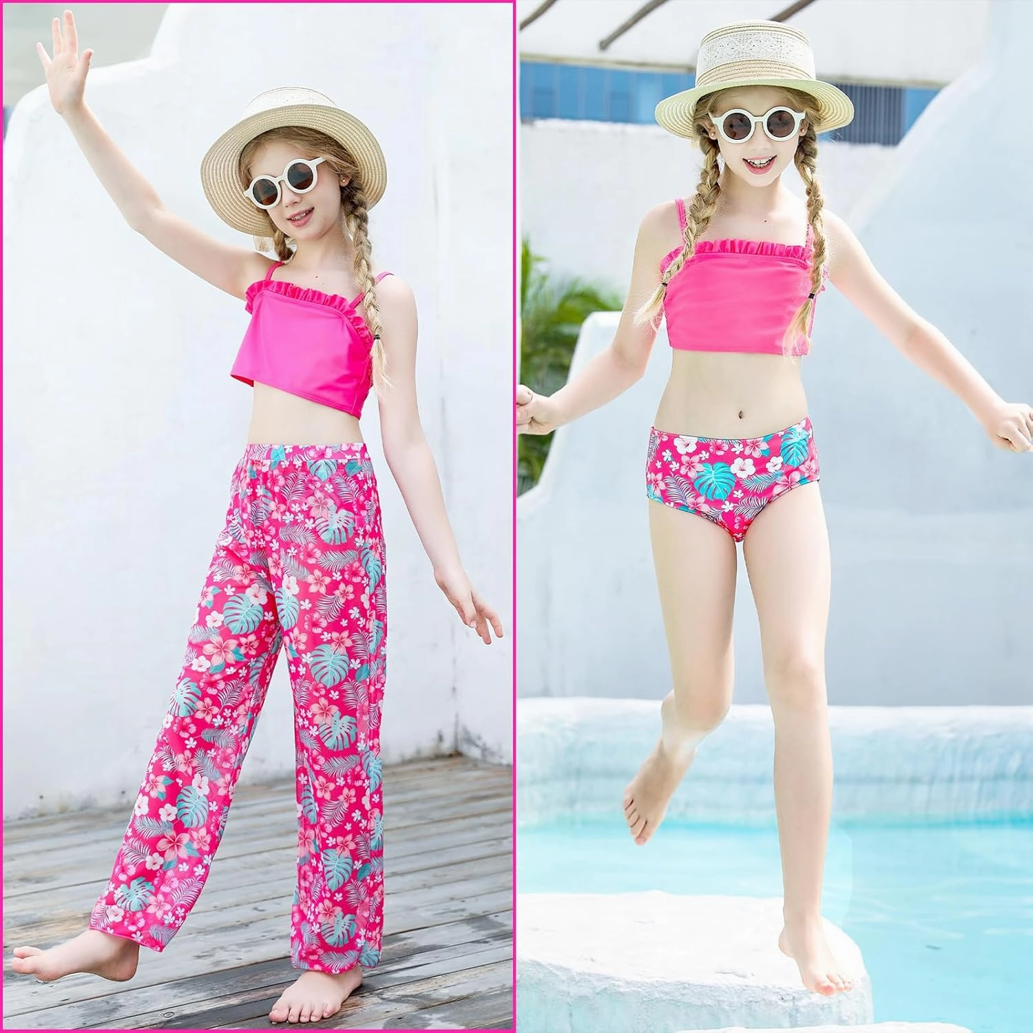 Vogseek 6-12T Girls 3 Pieces Bikini Bathing Suit with Rash Guard Pants Quick Dry Swimwear Cover-Up Sets