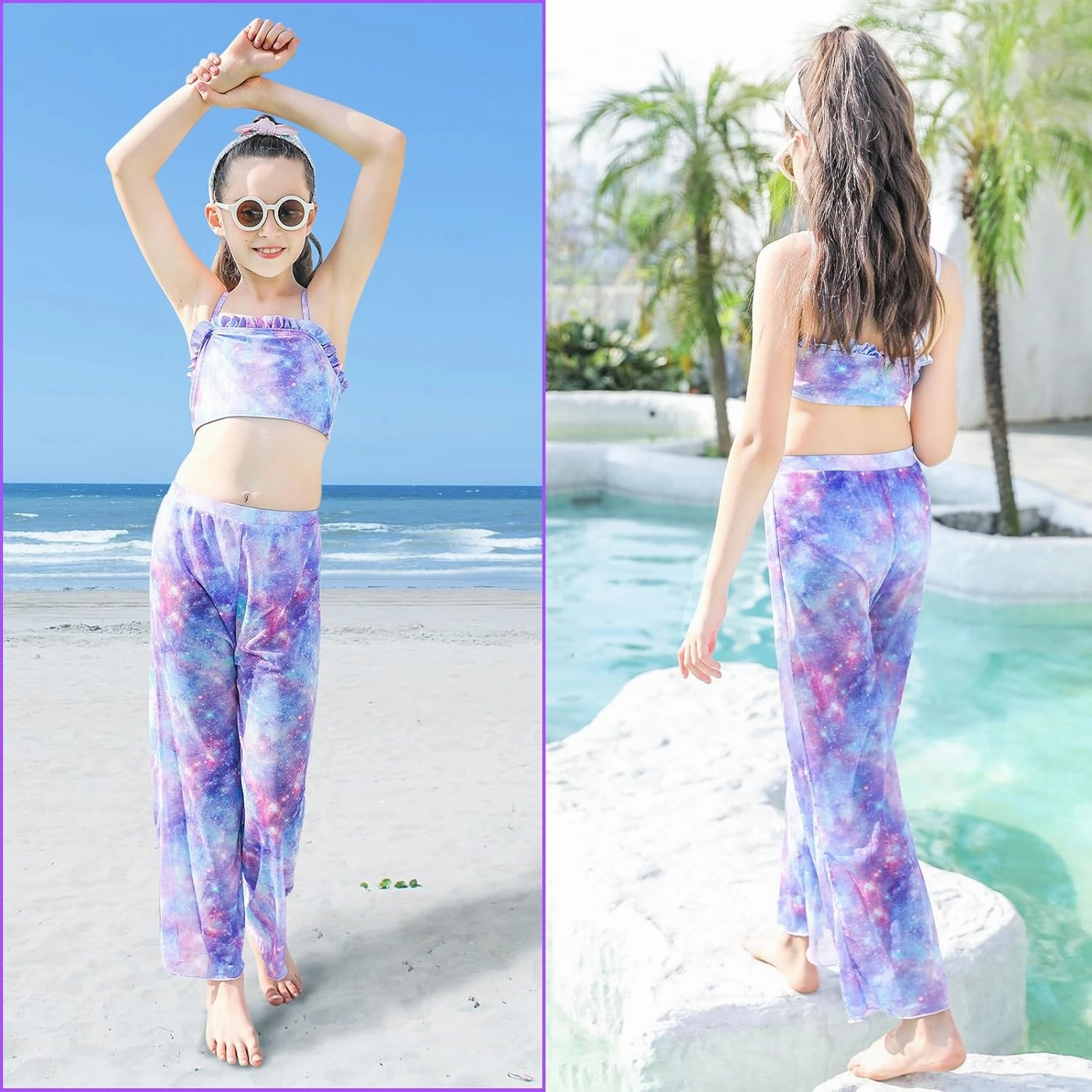 Vogseek 6-12T Girls 3 Pieces Bikini Bathing Suit with Rash Guard Pants Quick Dry Swimwear Cover-Up Sets