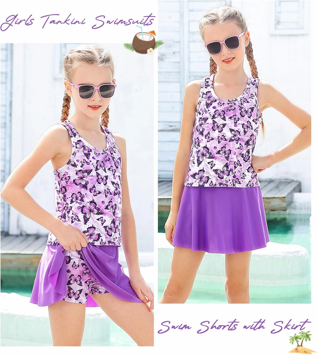 Vogseek 7-12T Girls 2-Piece Bathing Suit Sleeveless Swimsuit Tankini Sets with Shorts Skirt Swimwear