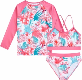 Vogseek 7-13T Girls 3pcs Bikini Swimwear with Long Sleeve Rashguard Shirts Quick Dry Swimsuits UPF 50  Bathing Suits