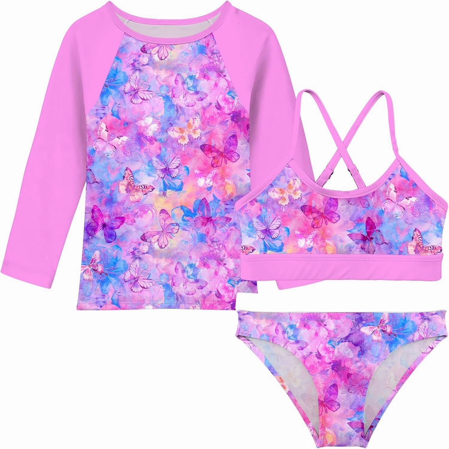 Vogseek 7-13T Girls 3pcs Bikini Swimwear with Long Sleeve Rashguard Shirts Quick Dry Swimsuits UPF 50  Bathing Suits