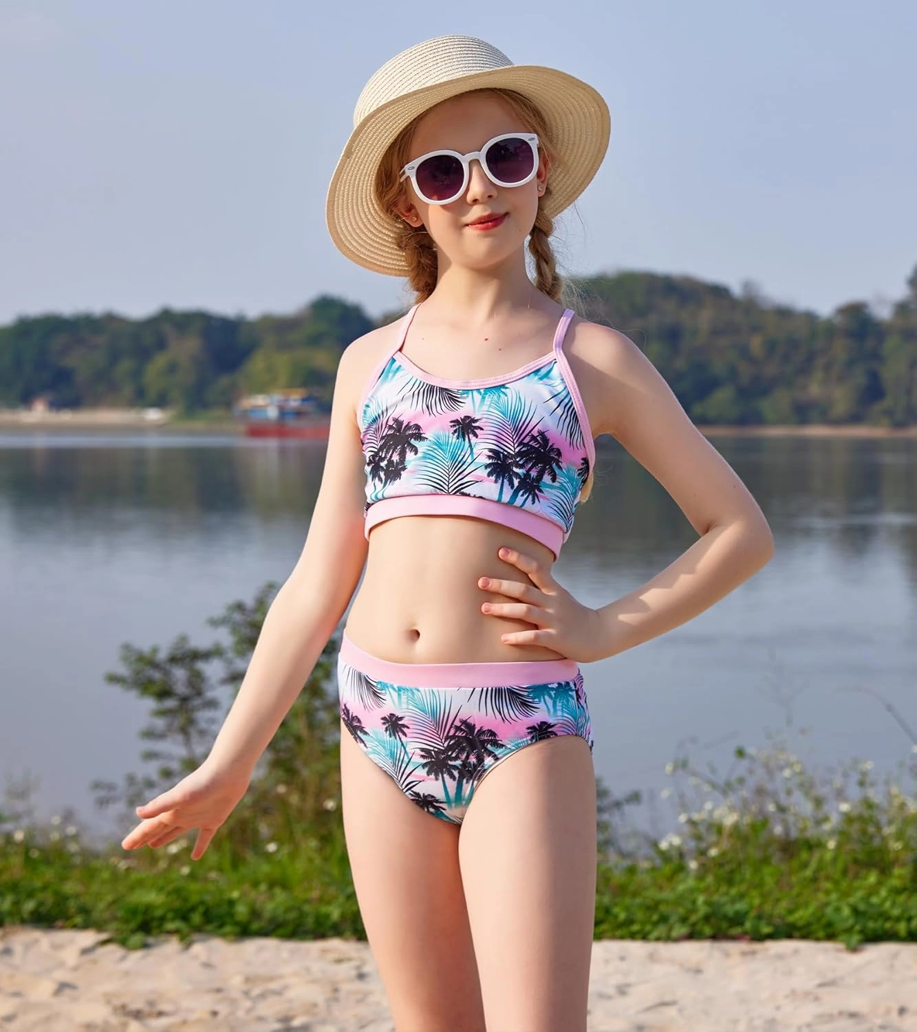 Vogseek 7-13T Girls 3pcs Bikini Swimwear with Long Sleeve Rashguard Shirts Quick Dry Swimsuits UPF 50  Bathing Suits
