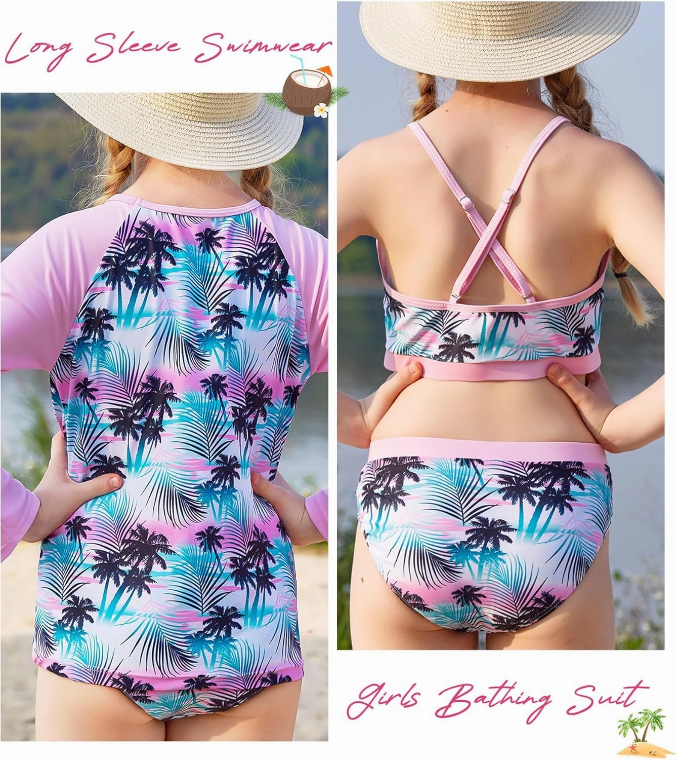 Vogseek 7-13T Girls 3pcs Bikini Swimwear with Long Sleeve Rashguard Shirts Quick Dry Swimsuits UPF 50  Bathing Suits