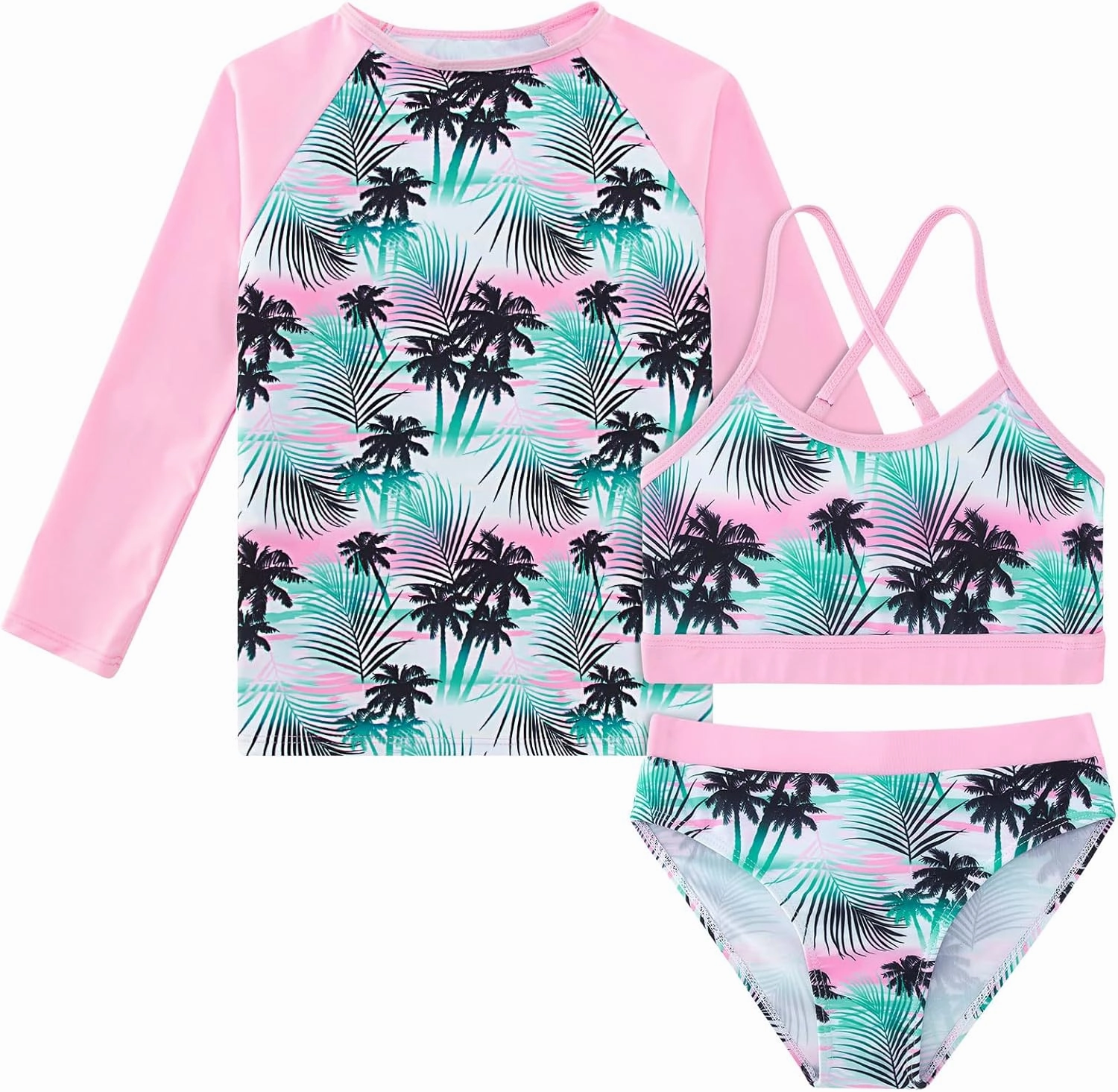 Vogseek 7-13T Girls 3pcs Bikini Swimwear with Long Sleeve Rashguard Shirts Quick Dry Swimsuits UPF 50  Bathing Suits