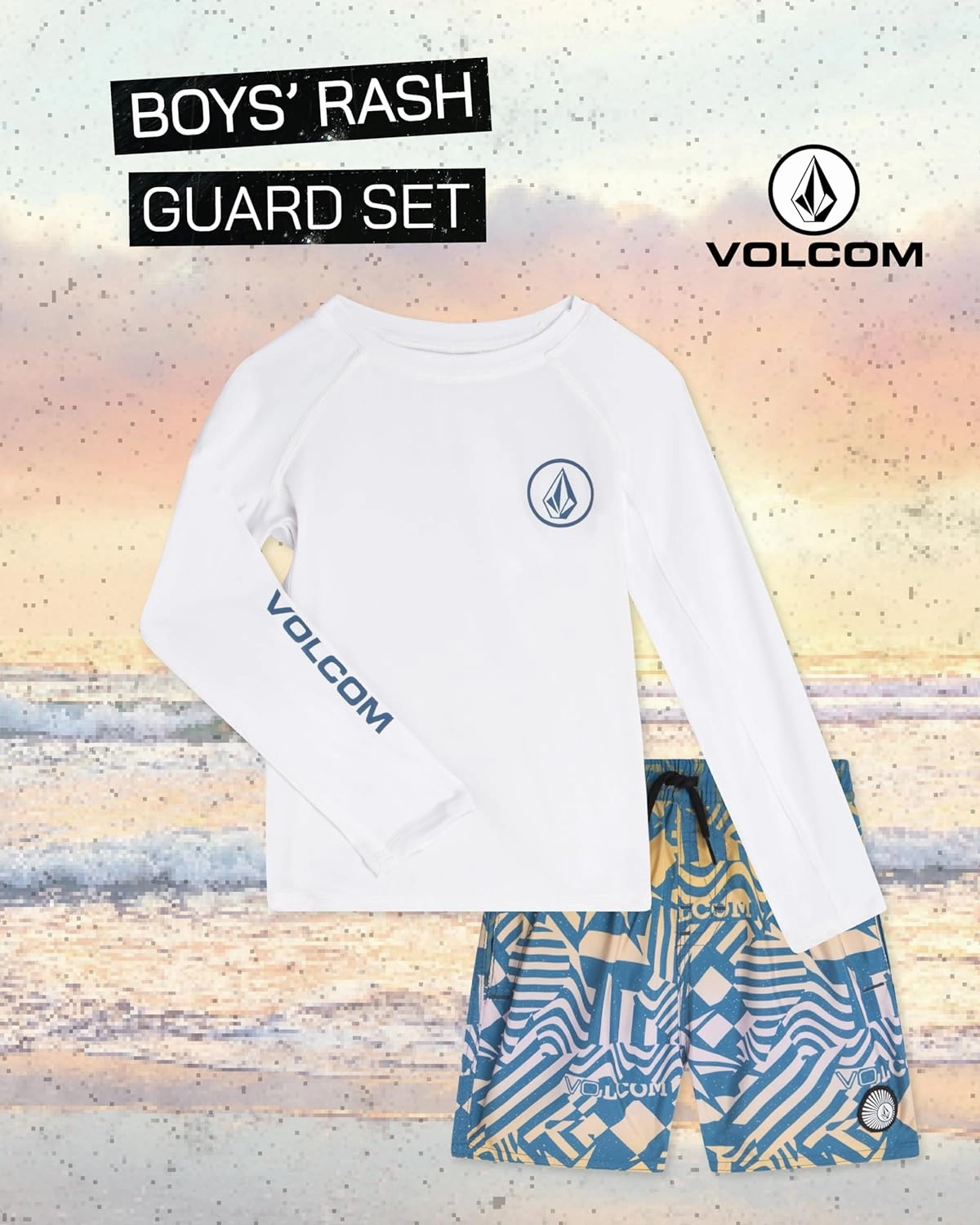 Volcom Baby Boys Swim Set - 2 Piece Long Sleeve Swim Shirt Graphic Tees & Board Shorts, Infant Toddler Little Boys Swimsuit