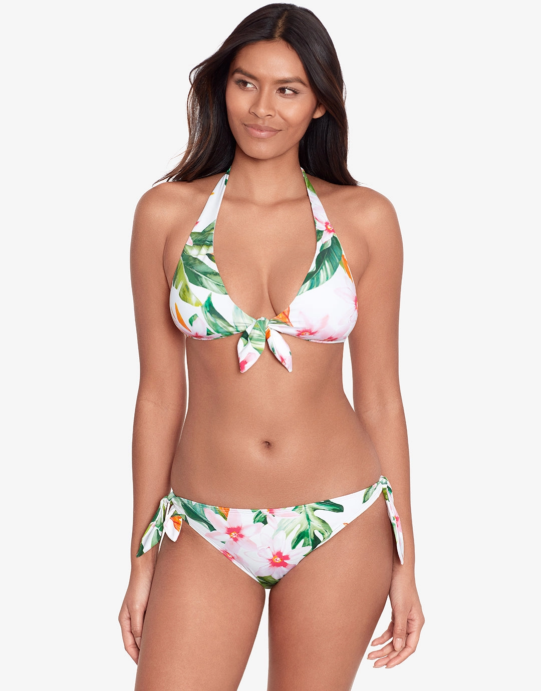 Watercolour Tropical Tie Front Halter Bikini Top - White Multi