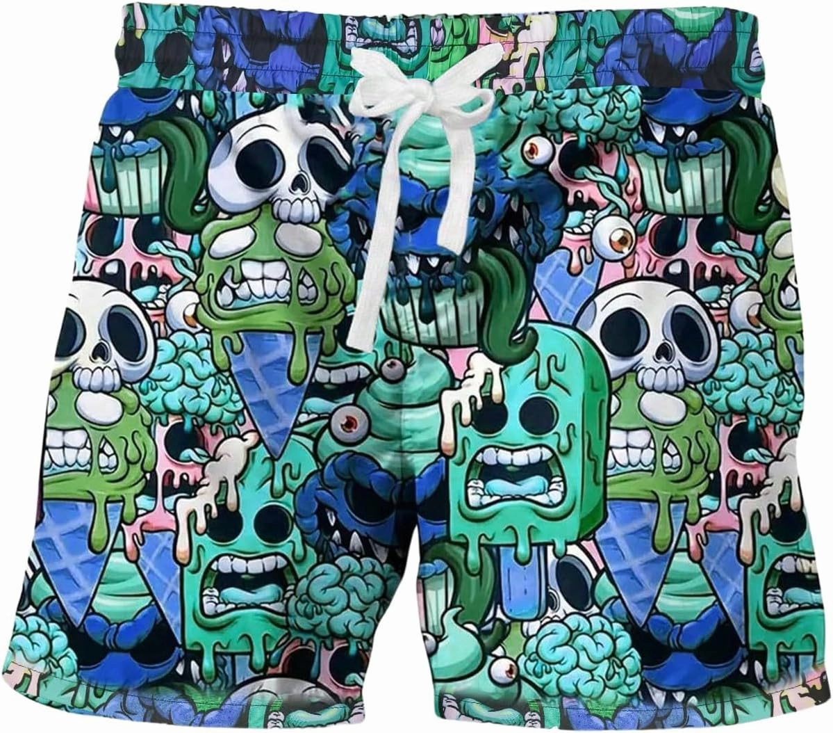 WDIRARA Men's Cartoon Skull Print Swim Trunks Drawstring Elastic Waist Beach Shorts