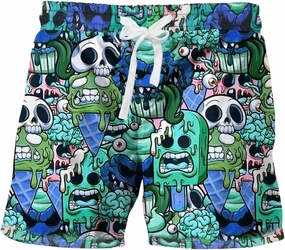 WDIRARA Men's Cartoon Skull Print Swim Trunks Drawstring Elastic Waist Beach Shorts